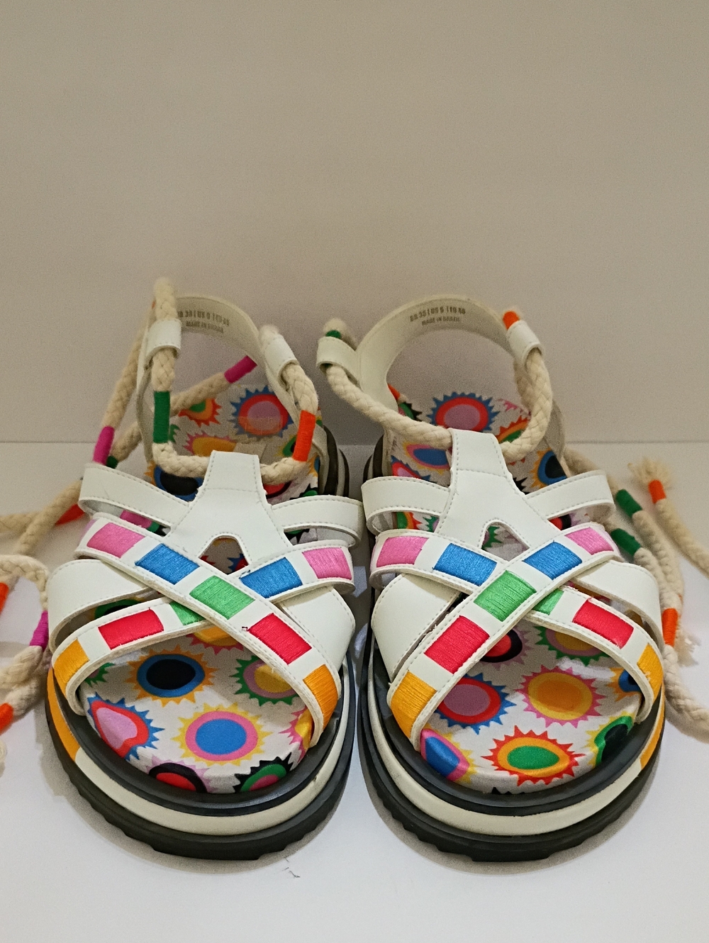 FARM Rio White Sandals with Rainbow Straps and Sunburst Footbeds